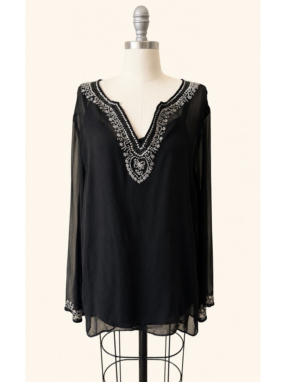 Silkland Woman 2X Black Silk Beaded Tunic Blouse Y2K Sheer Evening Top